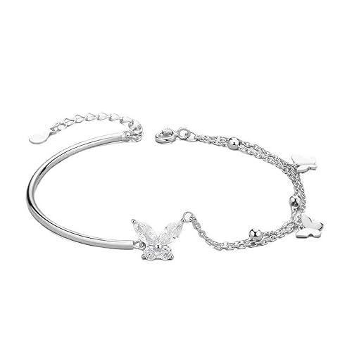 Image of BSLVWG Butterfly Layered Bracelet for Women Silver Butterfly Chain Bracelet Adjustable Bangle Double Layer Dainty Jewelry for Women Girls (02)