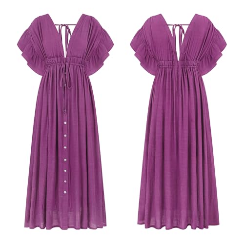 Image of R.Vivimos Maxi Dresses for Women 2026 Summer Short Sleeve V Neck Drawstring Tie Boho Loose Flowy Long Dresses with Pockets