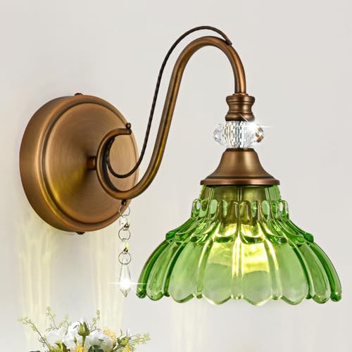 Image of 1 Piece Vintage Wall Sconce, 1-Light Matte Antique Brass Finish Wall Sconce with Hanging Crystal Accents and Flower-Shaped Green Shades for Bathroom Bedroom Living Room,Vintage Vanity Light