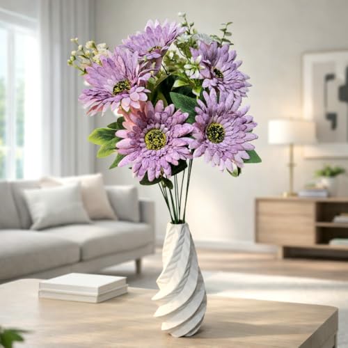 Image of Premium Combo Artificial Purple Daisy Flower Bouquet with Designer Ceramic Vase | Snowflake Fabric Real Touch Flowers | Luxury Home Decor for Living Room Bedroom Office Center Table(ND-16)