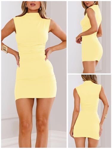 Image of MIYIEONZ Women's Sexy Summer Casual Mock Neck Sleeveless Bodycon Dresses Ruched Turtleneck Cocktail Party Mini Dress