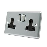 AET CSC2GSOCBS Satin Chrome Classical 2 Gang Black Insert Metal Rocker Switches-13 Amp Double Plug Socket, 250 V