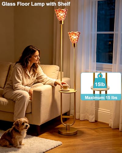 Image of Lightdot Modern Glass Floor Lamp with Shelf 2-Lights Gold Standing Tall Lamps with Pomegranate Red Shell Glass Shade, LED Floor Lamp with Foot Switch for Living Room Bedroom Home Decor