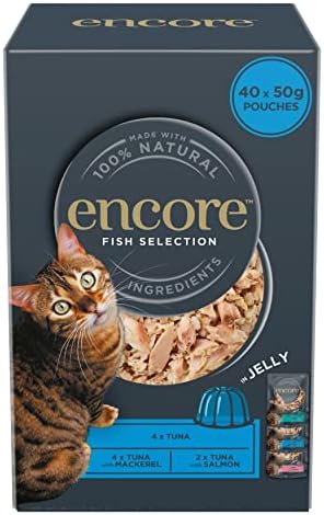 Encore 100 Percent Natural Wet Cat Food, Multipack Fish Selection in Jelly Pouch, 50g (Pack of 40 Pouches)