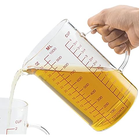 Glass Measuring Cup with Handle, Three Scales (OZ, Cup, ML), V-Shaped Spout, Measuring Beaker for Kitchen or Restaurant, Easy to Read, by TIYOORTA (1000ML RED) Cover