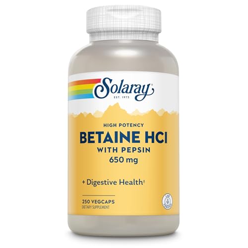 Image of SOLARAY Betaine HCL with Pepsin - High Potency Hydrochloric Acid Formula - Digestive Health Supplement with Digestive Enzymes for Gut Health Support - 60-Day Guarantee, 250 Servings, 250 VegCaps