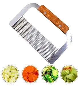 FLOXIT 1pcs Wood Crinkle Cutting Tool French for Veggies Potato Chopper Knife Wooden Handle, Crinkle Sweet Potato French Fries Slicer Cut Tool for Cucumber