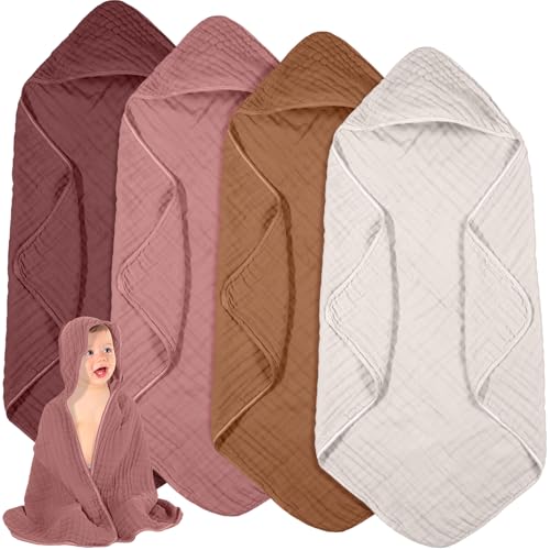 Peryiter 4 Pcs Muslin Hooded Baby Towels,Dark Color