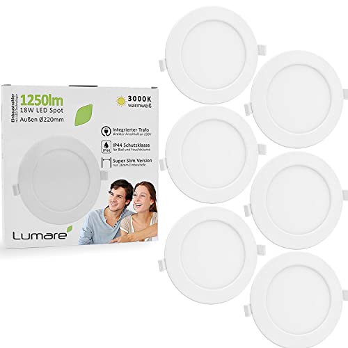 Lumare LED Einbaustrahler 18W | Extra flach, 26mm Einbautiefe | Ø200mm Bohrlochdurchmesser | Spot Wohnzimmer, Badezimmer | Einbauleuchte Weiß Rund | 230V | IP44 | Warmweiß 3000K | 6er Set
