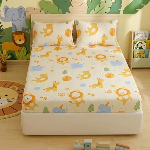 Image of Filymore Kids Double Bed Sheet Set with 2 Pillow Covers - Cute Cartoon Elephant & Lion Print, 240 TC Soft Microfiber Bedsheet for Double Bed, Cream Orange Blue Bedspread, 90x90 Inch
