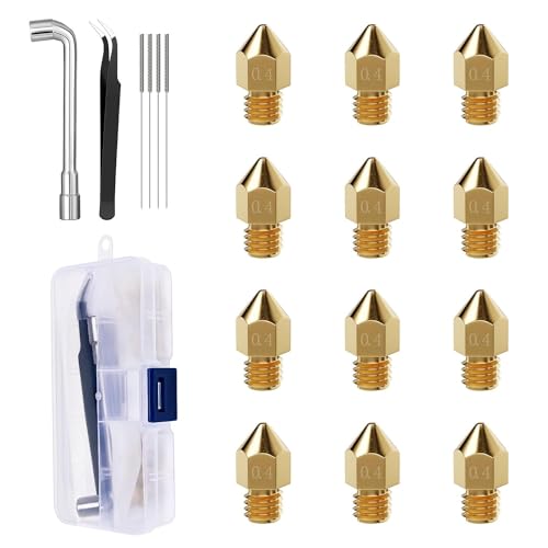 0.4mm MK8 Brass Nozzles 12pcs, 3D Printer 1.75mm Filament Hot End Nozzles for Creality Ender 3, Ender 3 Pro, Ender 3 Max, 5 Pro, Ender 3 S1, Ender 3 Neo, CR 10 Series, Neptune 3 Series 3D Printer