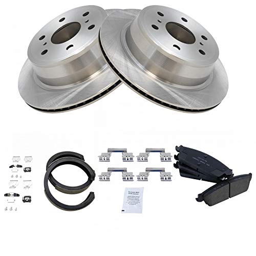 Image of TRQ Rear Brake Pad & Rotor Set Ceramic Parking Shoes Compatible with 2007-2014 Chevrolet Silverado Tahoe Suburban 1500 Avalanche 2007-2013 GMC Sierra Yukon XL 1500 2007-2010 Cadillac Escalade ESV EXT