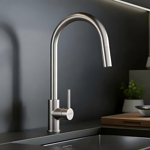 Image of Plantex Pull-Down Kitchen Sink Tap /304 Stainless Steel Sink Tap for Kitchen Basin with 360⁰ Swivel Spout /Kitchen Sink Faucet- (1062, Matt)
