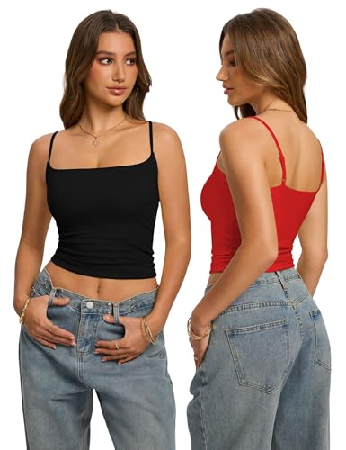 Missclub 3 Pack Square Neck Double Lined Tank Tops for Women Slim Fitted Sleeveless Cropped Shirts Cute Red Tank Top Woman L — view 2