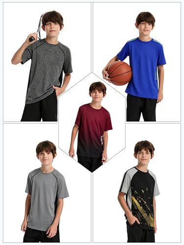 Image of 5 Pack Boys Shirts Athletic Dry Fit Boys Tshirts Performance Tops Summer | Short Sleeve Graphic Tees for 5-18Y, Kids Soccer & Baseball Shirts, Sports Activewear T-Shirts, Breathable & Moisture Wicking