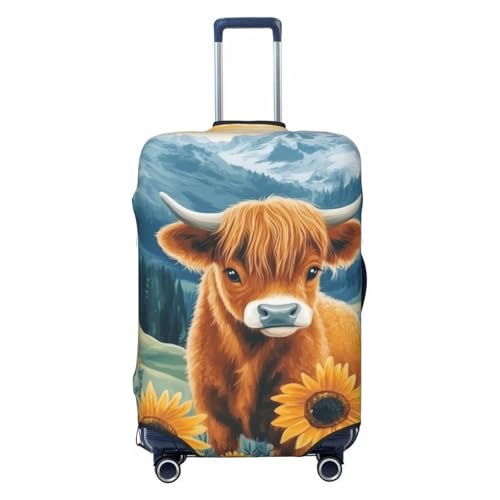 Sunflower Highland Cow Print Travel Luggage Cover Elastic Baggage Protector For Men Women Fits 18-21 Inch Luggage
