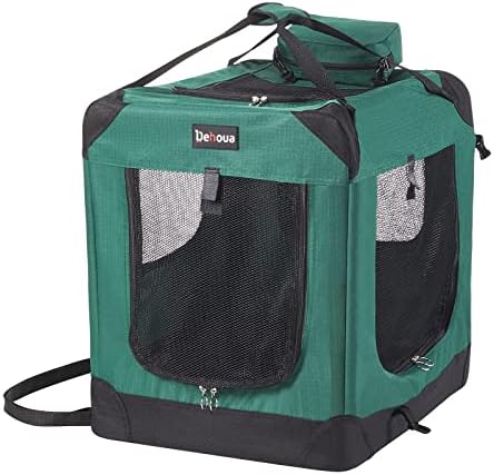 Dehoua Portable Folding 3 Door Dog Crate, Collapsible Soft Dog Kennel with Mat and Detachable Pockets, Pet Carrier for Indoor and Outdoor, Green, 36" L x 24" W x 28" H