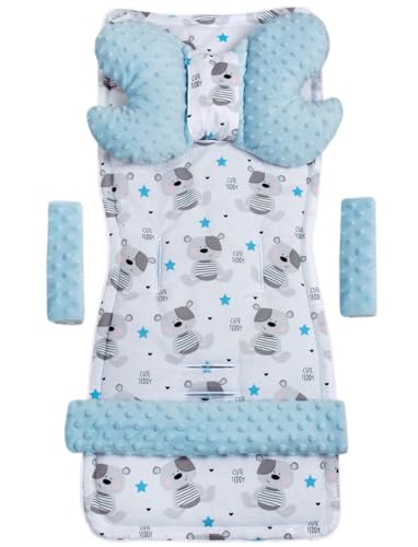 Medi Partners Sitzauflage Kinderwagen Buggy Baby Sommer Kindersitz Einlage Universal - 5tgl Gurtpolster + Spielbogen Kinderwagenset Babyschale (Teddybear mit hellblauen Minky)
