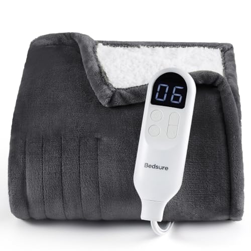 Bedsure Heated Blanket Throw Blanket - Fast Heating Electric Blanket, Soft Flannel Throw with 6 Time Settings(Up to 10H), 6 Heating Settings, Warm Gifts for Grandma & Grandpa (50'x60', Dark Grey)