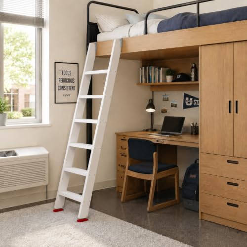 Image of 50 inch 55 inch 60 inch Black Wood Bunk Bed Ladder, Lofted /Dorm /RV Bed Bunkbed Ladders with 4in Extra Wide Steps and Non-Slip Pads, Replacement Wooden Ladder for Motorhome /Camping (White, 67in /170cm)