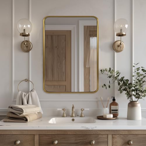 Image of ANDY STAR Gold Mirror Bathroom, 20x28'' Rounded Rectangle Mirror, Brushed Brass Bathroom Vanity Mirror in SUS304 Metal Tube Frame(Rustproof) 1'' Deep Wall-Mounted Mirrors Vertically /Horizontally