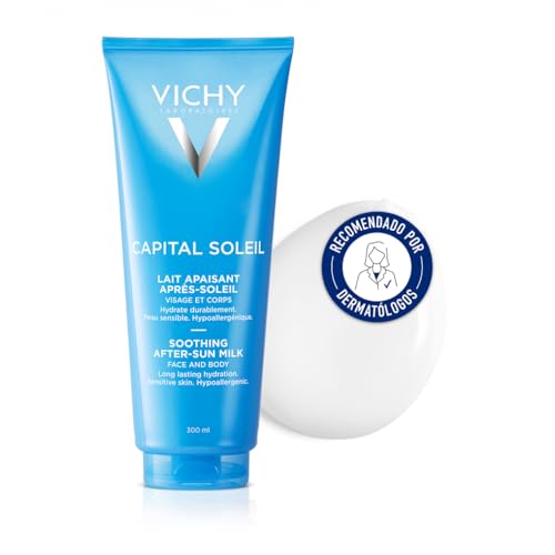 Vichy Leche Calmante Aftersun, Para Pieles Sensibles, Refresca, Calma, después de la Exposición Al Sol, Con Ácido Hialurónico y Agua Volcánica de Vichy, Capital Soleil, 300ml