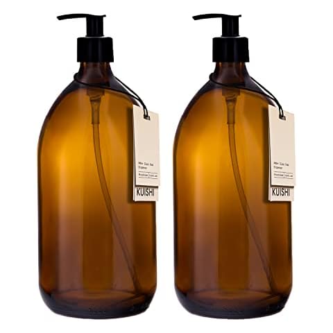 Kuishi Amber Brown Glass Pump Bottle Dispenser 1000ml [Pack of 2], Refillable Amber Glass Soap Dispenser Bottle with Black Plastic Pump for Reducing Plastic Waste (BPA-Free) Cover