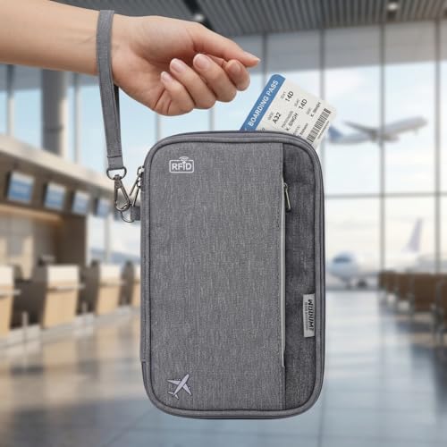 Image of Wooum Passport Case Pouch Bag Holder with Document, Card, Boarding Pass Organizer Holder Passport Organizer case with Handle & RFID (Grey)