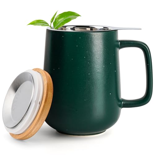 Happy Lemuro Tasse à thé avec infuseur et couvercle - 500 ml - Tasse en céramique avec couvercle - Infuseur à thé - Tasse à thé en vrac - Tasse à thé avec grande poignée (Forest Green)