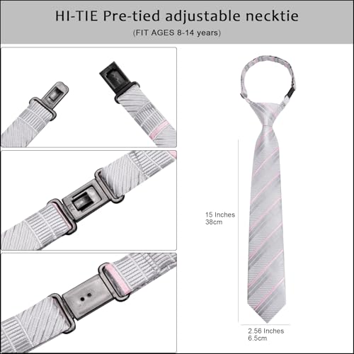 Image of Hi-Tie Boys Tie Pre-Tied Pocket Square Set Adjustable Kids Neckties Age 7-11 Years School UniForm Graduation