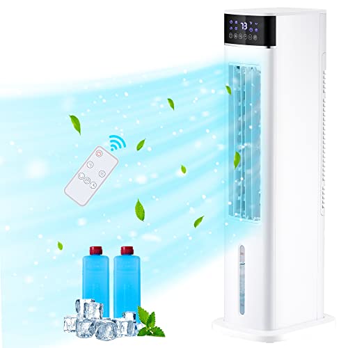 Evaporative Cooler, Mepty 30’’ Portable Air Cooler With 70° Oscillation, 12H Timer Cooling Fan With 2 Ice Packs, 3 Speeds & Modes, Remote Control, For Bedroom, Large Room, Office (White) #TOP6