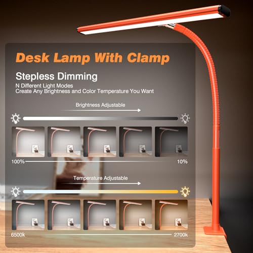 Image of Airlonv LED Desk Lamp for Office Home, Eye-Caring Desk Light with Stepless Dimming Adjustable Flexible Gooseneck, 10W USB Adapter Desk Lamp with Clamp for Reading, Study, Workbench (Orange)
