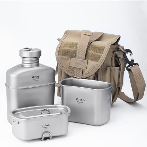 Kit de Cocina Titanium Canteen con Botella de Agua, Olla Portátil Ultraligera 1100ML con Vasos Apilables de 750ML y 400ML para Camping y Senderismo miniatura 1
