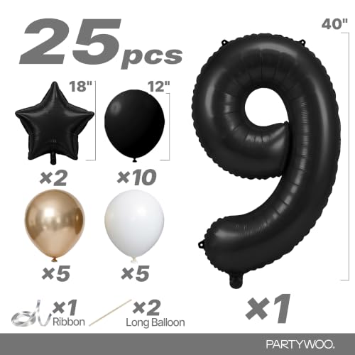 Image of PartyWoo Black Number 9 Balloon 40 Inch 25pcs Black Foil Star White Gold