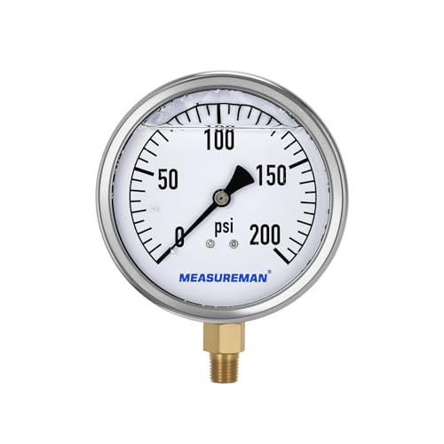 MEASUREMAN Glycerin Filled Plumbing Pressure Gauge 0-200psi Stainless Steel Case, 4" Dial 1/4" NPT Brass Lower Mount, Suitable for Pneumatic Tools, Water Filtration & Industrial Hydraulic Systems