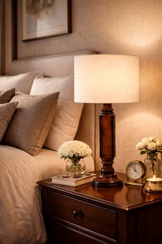 Image of tu casa Mango Wood Table Lamp with Satin Cobra Saffron Print Shade | Handmade Rustic Bedside Lamp for Bedroom, Living Room & Home Decor