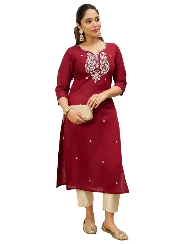 Image of Women's Silk Blend Embroidery Straight Kurta | Ethnic Kurtas for Women | Kurtis for Women Festive, Casual Office Wear Ethnic Kurta for Women