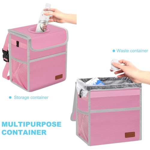 Image of Femuar Leak Proof Car Trash Can with Lid, Collapsible Hanging Waterproof Car Trash Bag with Mesh Pocket for SUV Front Seat Headrest, Large /Light Pink