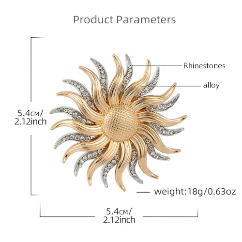 Image of Rhinestone Sun Brooch Pin for Women Men Fashion Gold Tone Celestial Brooches Lapel Pins Dainty Suit Hat Dress Accessories Birthday Holiday Anniversary Jewelry Gift