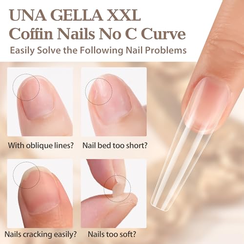 Image of UNA GELLA XXL Coffin Nails Tips Full Cover 216pcs Extra Long Coffin Nail Tips No C Curve Clear Coffin Ballerina Nail Tips False Fake Acrylic Nails for Nail Extensions DIY Art Salon
