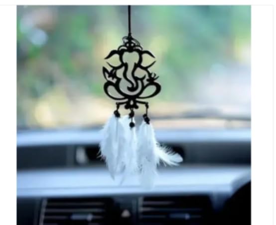 Handmade Lord Ganesh Car Hanging – Black Acrylic Dream Catcher with White Feathers-image-20