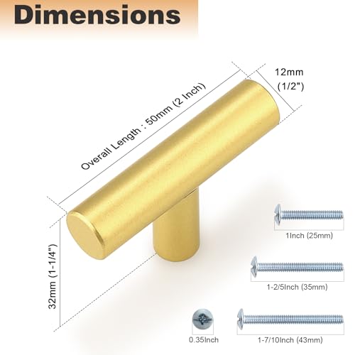 Image of Probrico 5 Pack Euro Style Gold Cabinet Knobs, Single Hole Stainless Steel Kitchen Cabinet Handles Round T Bar Dresser Drawer Cupboard Hardware, 2 Inch Total Length