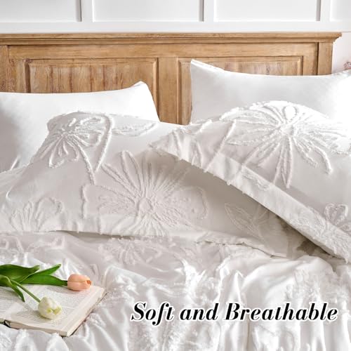 Image of 7 Pieces Flower Comforter Set for All Seasons White Floral Tufted Boho Bedding Set Queen Size Farmhouse Bed in A Bag as Gifts with Comforter Sheets Pillowcases Shams