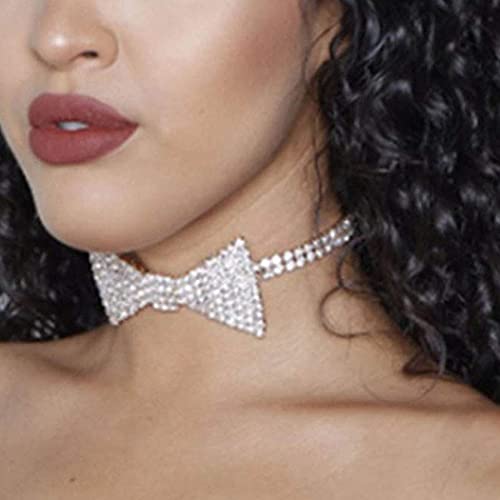 Sethexy Sparkly Rhinestone Choker Glitter Bowtie Necklace Bowknot Tennis Chain Party Nightclub Wedding Costume Jewelry for Women3