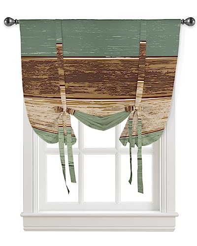 Yukro Tie Up Curtains Window Shades, Vintage Sage Green Brown Wood Grain Farm Rod Pocket Tie Up Window Shade, Adjustable Balloon Curtain Shade for Blinds Kitchen Bathroom, 1 Panel, 42