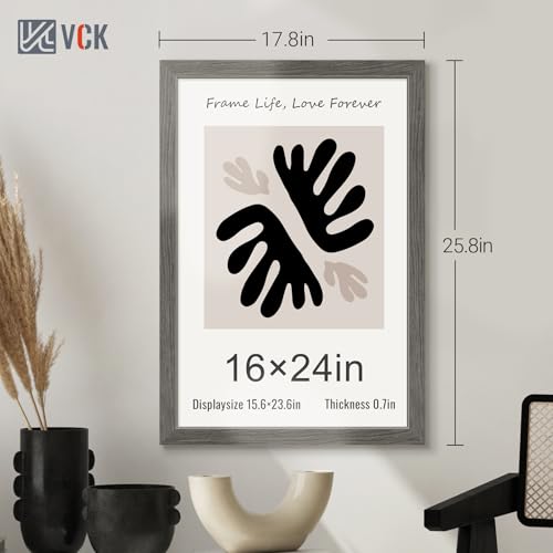 Image of VCK 16x24 Poster Frame Solid Wood Gray Grey 3 Pack Picture Frames 16 x 24 Inches with Wall Mounting Hanging