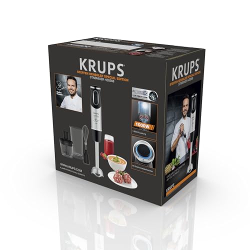 Foto von Krups Perfect Mix 8500 Stabmixer, Blender, 1000 Watt, Edelstahlfuß, 4 extra scharfe Messer, Powelix Technologie, Schneebesen, 500 ml Zerkleinerer, 800 ml Messbecher, Schwarz-Silber, HZ6568