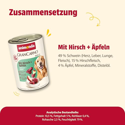 animonda GranCarno Hunde Nassfutter mit Hirsch + Äpfeln (6 x 400 g), getreidefreies Hundenassfutter ohne Zucker, für ausgewachsene Hunde, mit frischen fleischigen Zutaten
