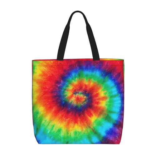 Large Capacity Shoulder Bag with Zipper,Reusable Grocery tie dye rainbow Print Tote Bag for Shopping