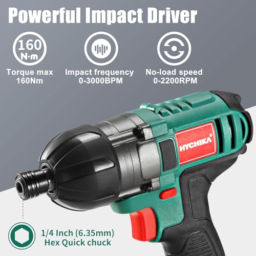 Cordless Drill Driver and Impact Driver 20V, HYCHIKA Drill Combo Kit, 2x2.0Ah Batteries, 1H Fast Charging, 22PCS Accessories for Drilling Wood, Metal and Plastic - image 3
